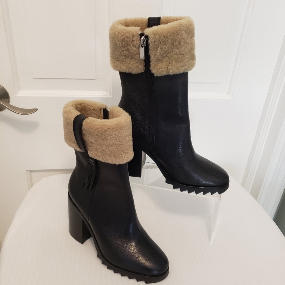 NWOB PAIGE Whitney Shearling Black Leather Block Heel Boots Size 8.5, Chic